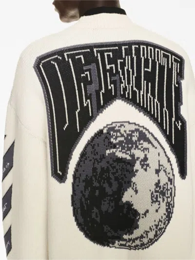 Shop Off-white Men's White Wool Cardigan With Intarsia Details And Embroidered Back In Ivory