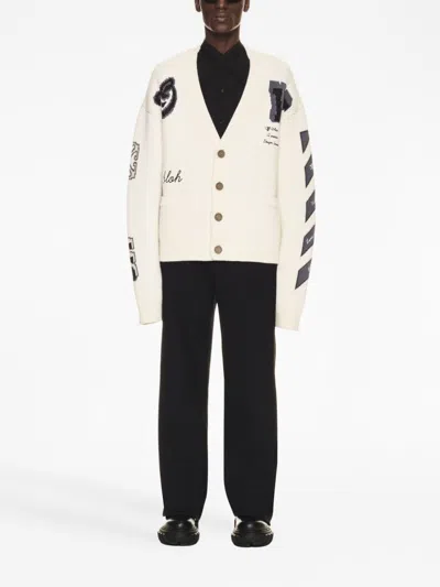 Shop Off-white Men's White Wool Cardigan With Intarsia Details And Embroidered Back In Ivory