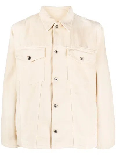 Shop Off-white Sand-colored Cotton Denim Varsity Shirt With Embroidered Graphic Motif In Beige