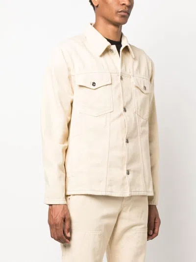 Shop Off-white Sand-colored Cotton Denim Varsity Shirt With Embroidered Graphic Motif In Beige