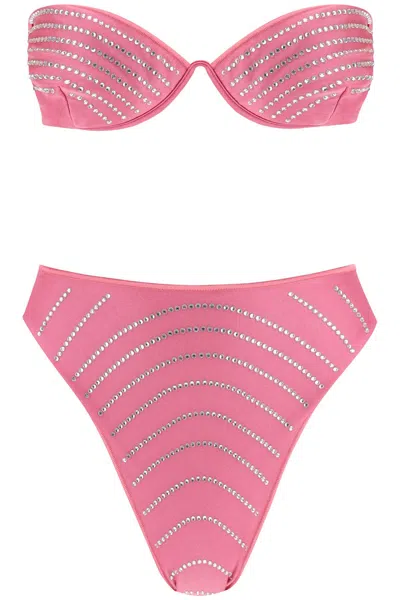 Shop Oseree Beach Ready: Metallic Bikini Set With Rhinestones For Women In Fuchsia