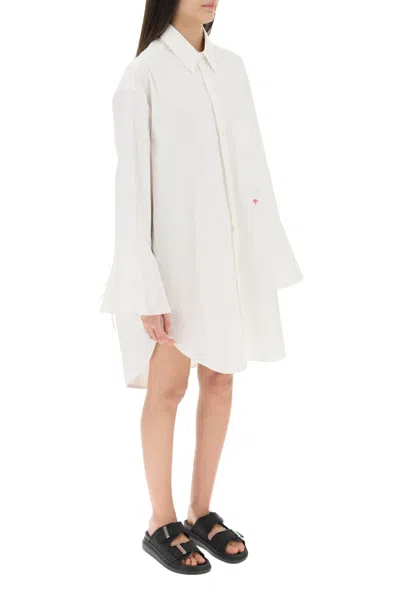 Shop Palm Angels Bell Sleeved Cotton Poplin Shirt Dress With Palm Detail In White