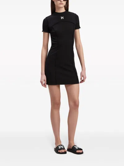 Shop Palm Angels Black Mini Dress With Embroidered Logo And Open Back