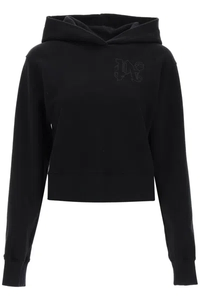 Shop Palm Angels Black Cropped Hoodie With Chic Monogram Embroidery
