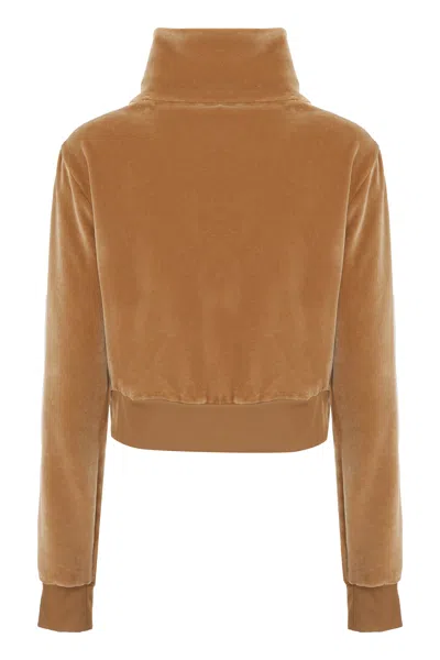 Shop Palm Angels Chenille Logo Sweatshirt With Stand Up Collar And Contrasting Sleeves Bands In Camel In Beige