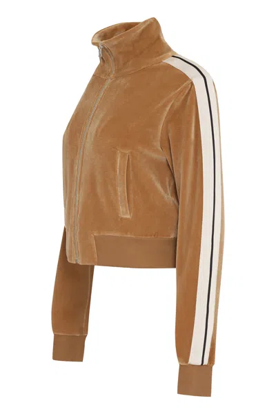 Shop Palm Angels Chenille Logo Sweatshirt With Stand Up Collar And Contrasting Sleeves Bands In Camel In Beige