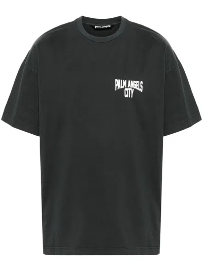Shop Palm Angels City Washed Dark Grey T-shirt With Logo Print And Drop Shoulders For Men
