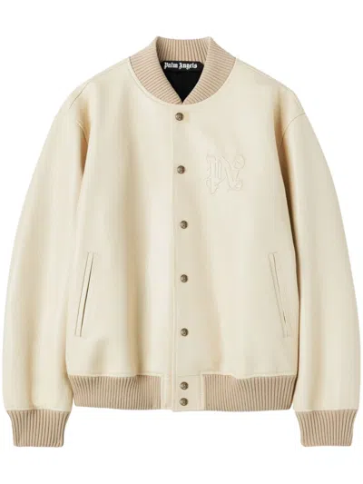 Shop Palm Angels Cream White Leather Bomber Jacket For Men In Tan