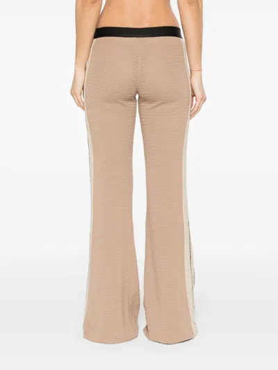 Shop Palm Angels Flared Knit Trousers With Logo Waistband And Side Stripes For Women In Tan