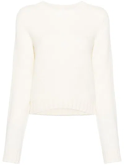 Shop Palm Angels Ivory White Wool Blend Crewneck Sweater With Embroidered Logo For Women