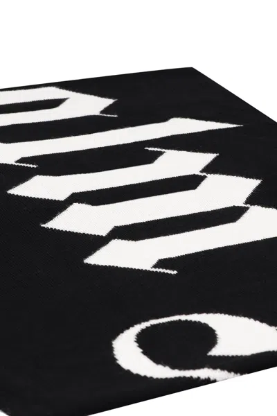 Shop Palm Angels Men's Black Wool Blend Scarf For Fw23: Intarsia Detail, 182x39 Cm