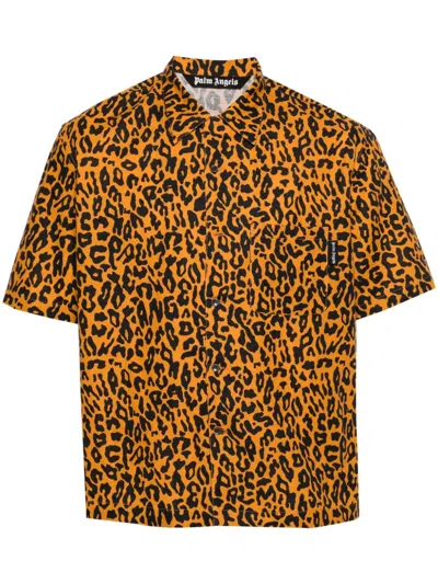 Shop Palm Angels Men's Orange Leopard Print Linen-cotton Blend Shirt For Ss24
