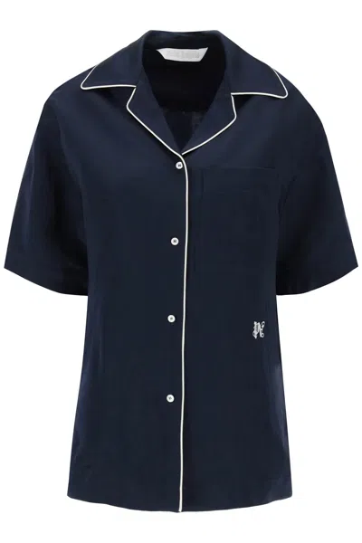 Shop Palm Angels Navy Pajama-style Shirt With Embroidered Monogram And Patch Pocket In Blue