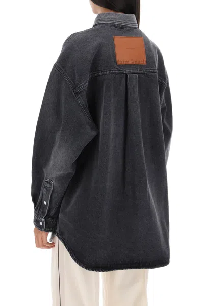 Shop Palm Angels Oversized Snap-up Black Denim Shirt For Women