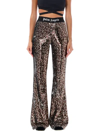 Shop Palm Angels Sequined Flare Pants With Elastic Waistband And Animalier Pattern For Women In Brown