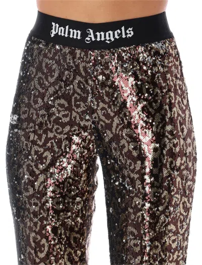 Shop Palm Angels Sequined Flare Pants With Elastic Waistband And Animalier Pattern For Women In Brown