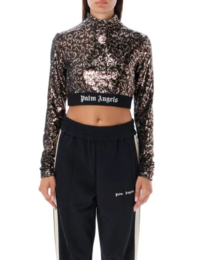 Shop Palm Angels Sequin Animal Print High Neck Top In Brown