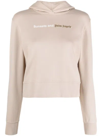 Shop Palm Angels Slouchy Tan Cotton Hoodie With Logo Print And Long Sleeves In Beige