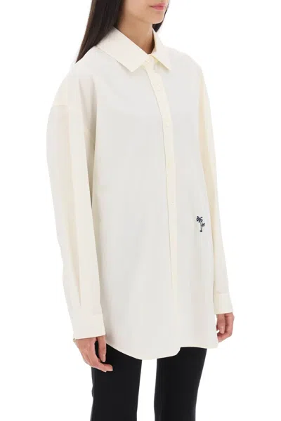 Shop Palm Angels White Poplin Shirt With Embroidered Palm Design