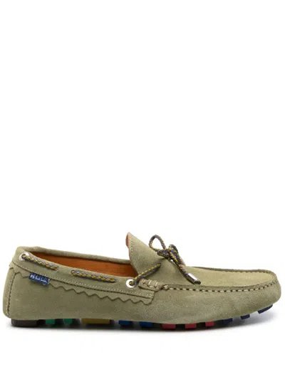Shop Paul Smith Green Suede Leather Loafers With Whipstitch Trim For Men