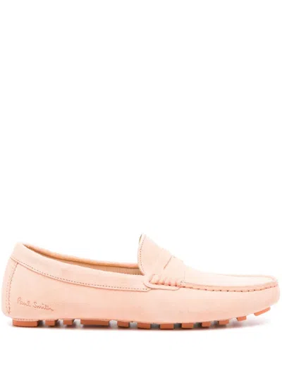 Shop Paul Smith Light Orange Suede Loafers With Debossed Logo For Women