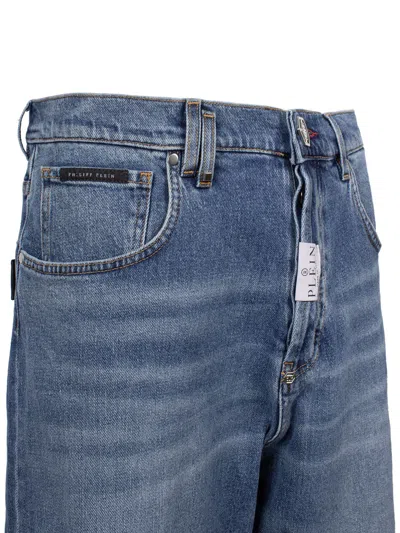 Shop Philipp Plein Medium Blue Stretch Denim Shorts For Men