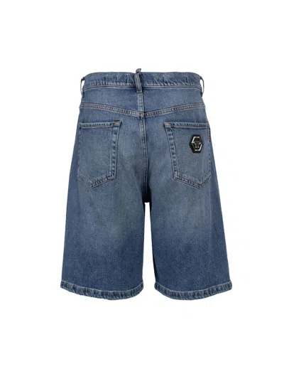 Shop Philipp Plein Medium Blue Stretch Denim Shorts For Men