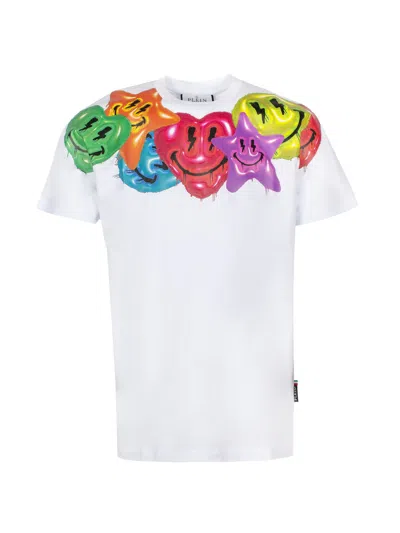 Shop Philipp Plein Men's White Smiley Face Print Cotton T-shirt