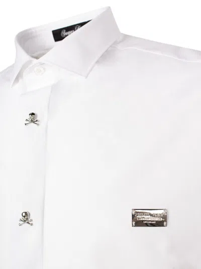 Shop Philipp Plein White Skull&bones Long-sleeve Cotton Shirt For Men