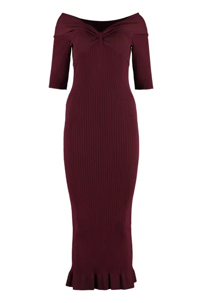 Philosophy Di Lorenzo Serafini Burgundy Off-the-shoulder Ruffled Midi Dress In Maroon