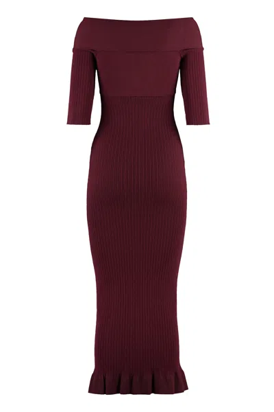 Philosophy Di Lorenzo Serafini Burgundy Off-the-shoulder Ruffled Midi Dress In Maroon