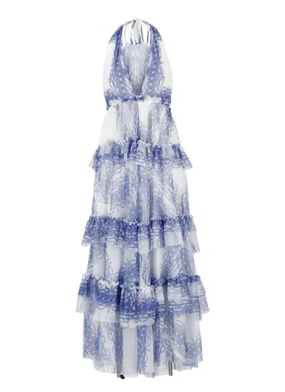 Shop Philosophy Di Lorenzo Serafini Light Blue Floral Tulle V-neck Dress With Flounced Skirt For Women
