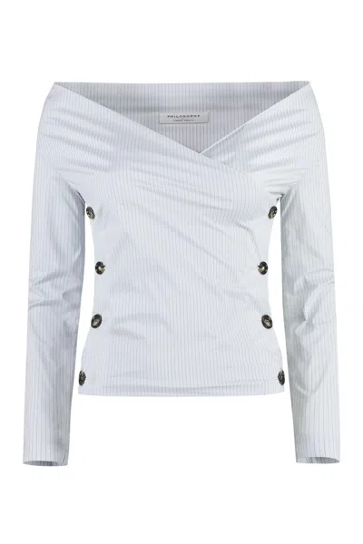 Shop Philosophy Di Lorenzo Serafini Light Blue Crepe Blouse With Side Button Fastening For Women