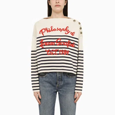 Shop Philosophy Di Lorenzo Serafini Striped Wool And Cotton Sweater With Boat Neckline And Gold-tone Buttons In Multicolor