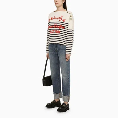 Shop Philosophy Di Lorenzo Serafini Striped Wool And Cotton Sweater With Boat Neckline And Gold-tone Buttons In Multicolor