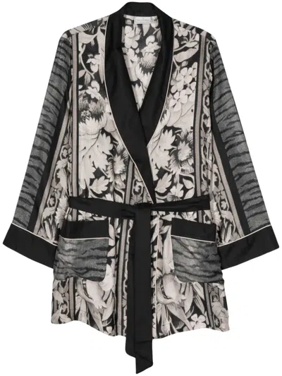 Shop Pierre-louis Mascia Floral Print Silk Jacket With Piped-trim And Detachable Waist Belt In Black