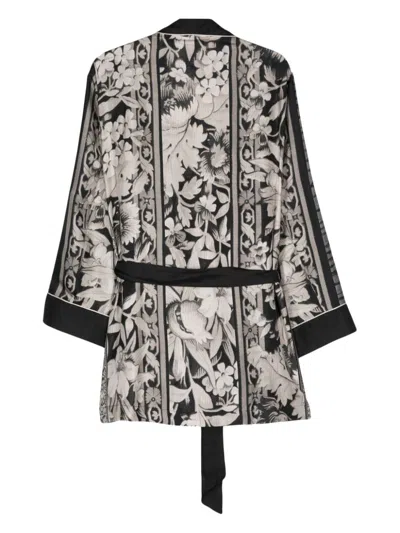Shop Pierre-louis Mascia Floral Printed Silk Jacket With Piped-trim And Self-tie Fastening In Black