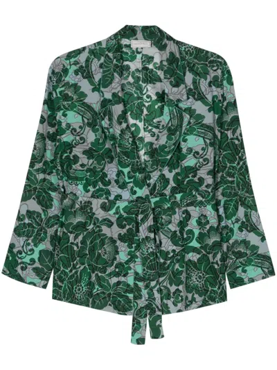 Shop Pierre-louis Mascia Floral Print Silk Jacket With Piped-trim Detailing For Women In Green