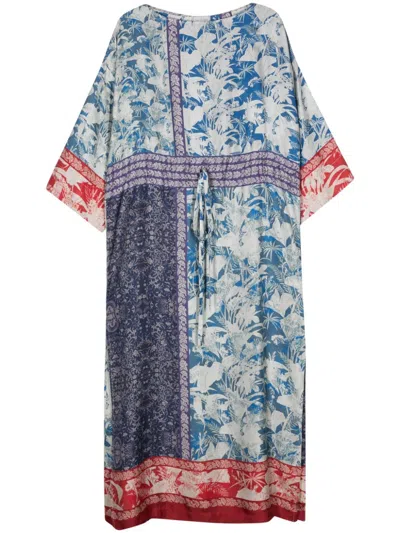 Shop Pierre-louis Mascia Floral Printed Silk Dress With Bardot Neckline In Navy