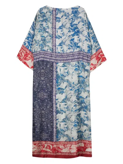 Shop Pierre-louis Mascia Floral Printed Silk Dress With Bardot Neckline In Navy