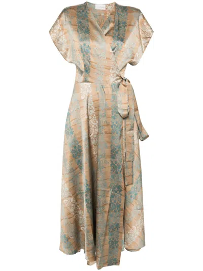 Shop Pierre-louis Mascia Printed Silk Long Dress In Tan