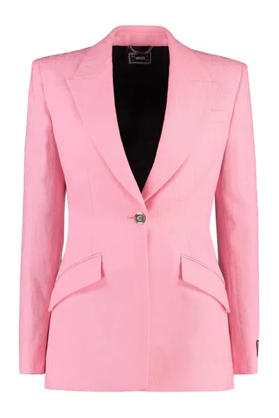 VERSACE PINK SINGLE-BREASTED BLAZER FOR WOMEN IN VIRGIN WOOL 