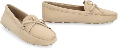 Shop Prada Beige Suede Loafers With Front Bow And Visible Stitching For Women In Ecru