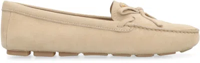 Shop Prada Beige Suede Loafers With Front Bow For Women In Tan