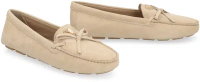 Shop Prada Beige Suede Loafers With Front Bow For Women In Tan