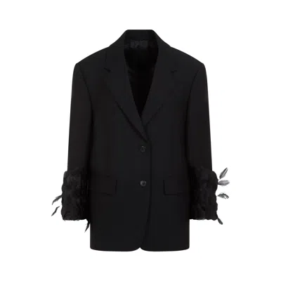 Shop Prada Feather Trim Single-breasted Wool Jacket For Women In Black
