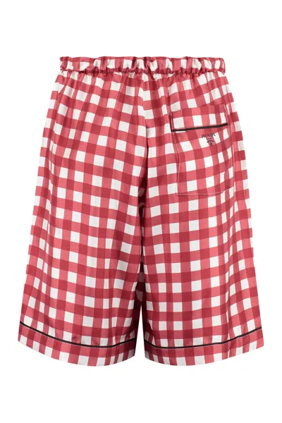 Shop Prada Red Printed Check Silk Shorts For Men