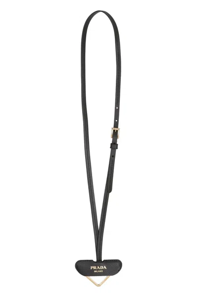 Shop Prada Saffiano Leather Keyring With Front Logo Print And Adjustable Strap For Women In Black