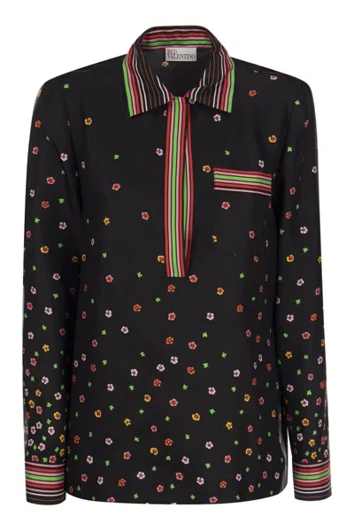 Shop Red Valentino Floral Print And Stripes Silk Top For Women In Black