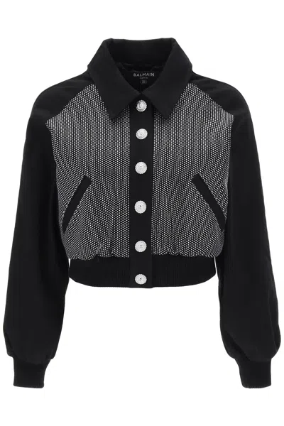 Shop Balmain Rhinestone-covered Denim Blouson Jacket For Women By  In Black
